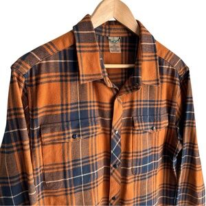Woods 100% Cotton Plaid Flannel Shirt Mens M Orange Navy Check Outdoor Rugged
